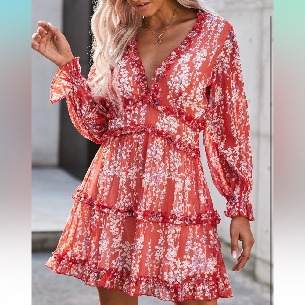 Floral Ruffle Red Dress - Picture 2 of 8